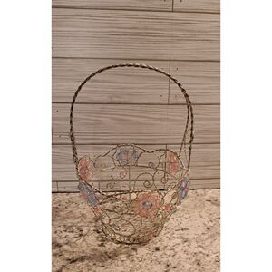 Silver Wire Beaded Flower Basket - Cottagecore Farmhouse Whimsical Decor